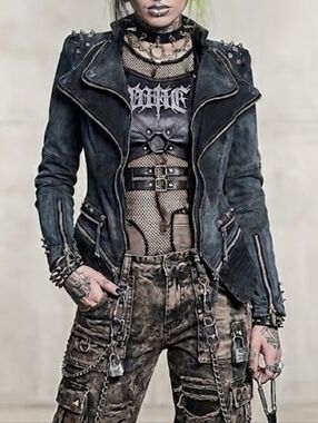 Lookbook Store Studded Black Leather Moto Jacket Gothic Biker Style Size 2